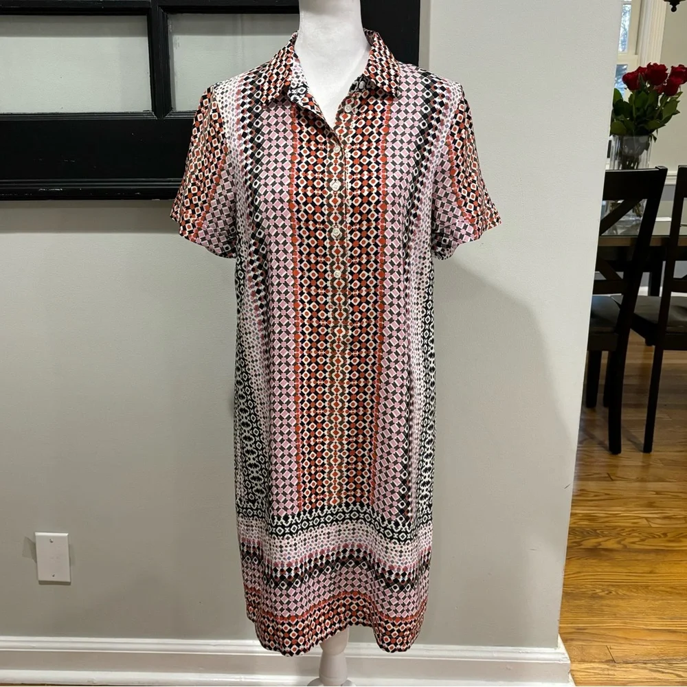 J. Crew Silk Shirt Dress Multicolor Geometric Print Career Casual Resort Size 2